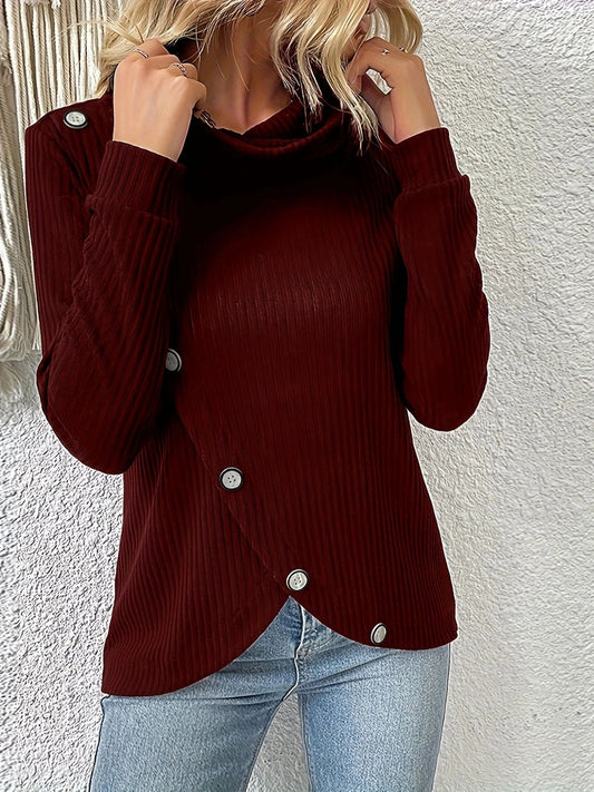 Decorative Button Turtleneck Long Sleeve T-Shirt - The Boutie Shop