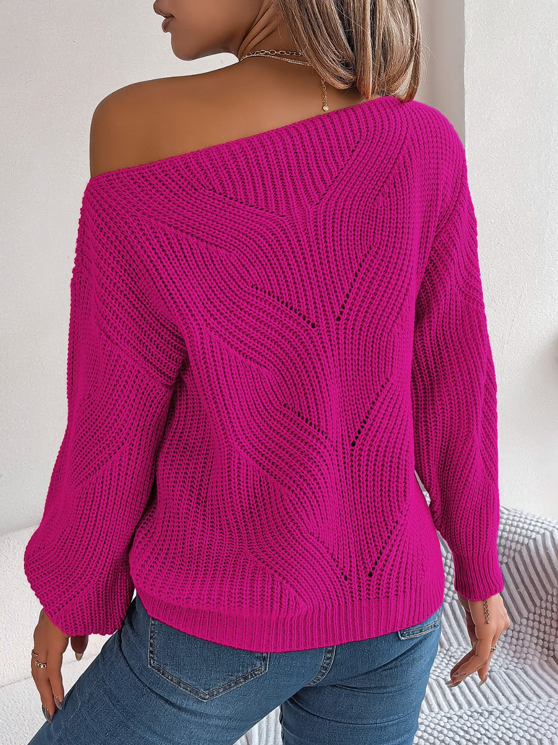 Openwork Long Sleeve Sweater - The Boutie Shop