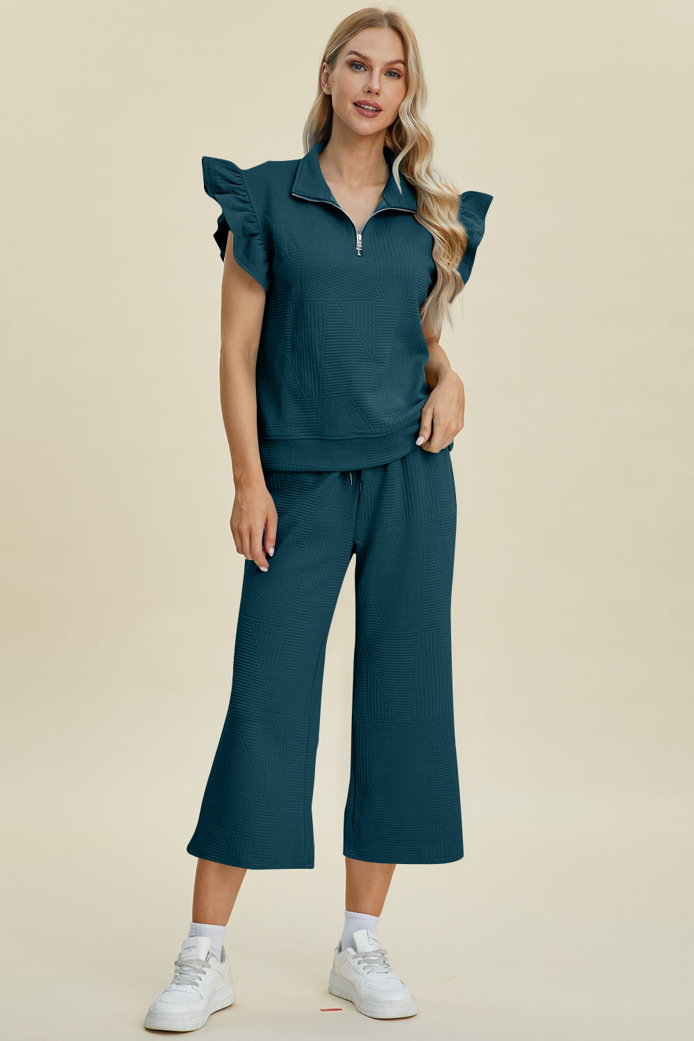 Double Take Full Size Texture Ruffle Short Sleeve Top and Wide Leg Pants Set - The Boutie Shop