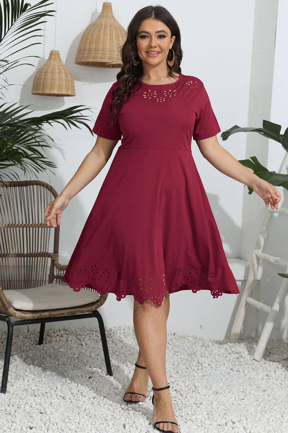 Plus Size Round Neck Openwork Dress - The Boutie Shop