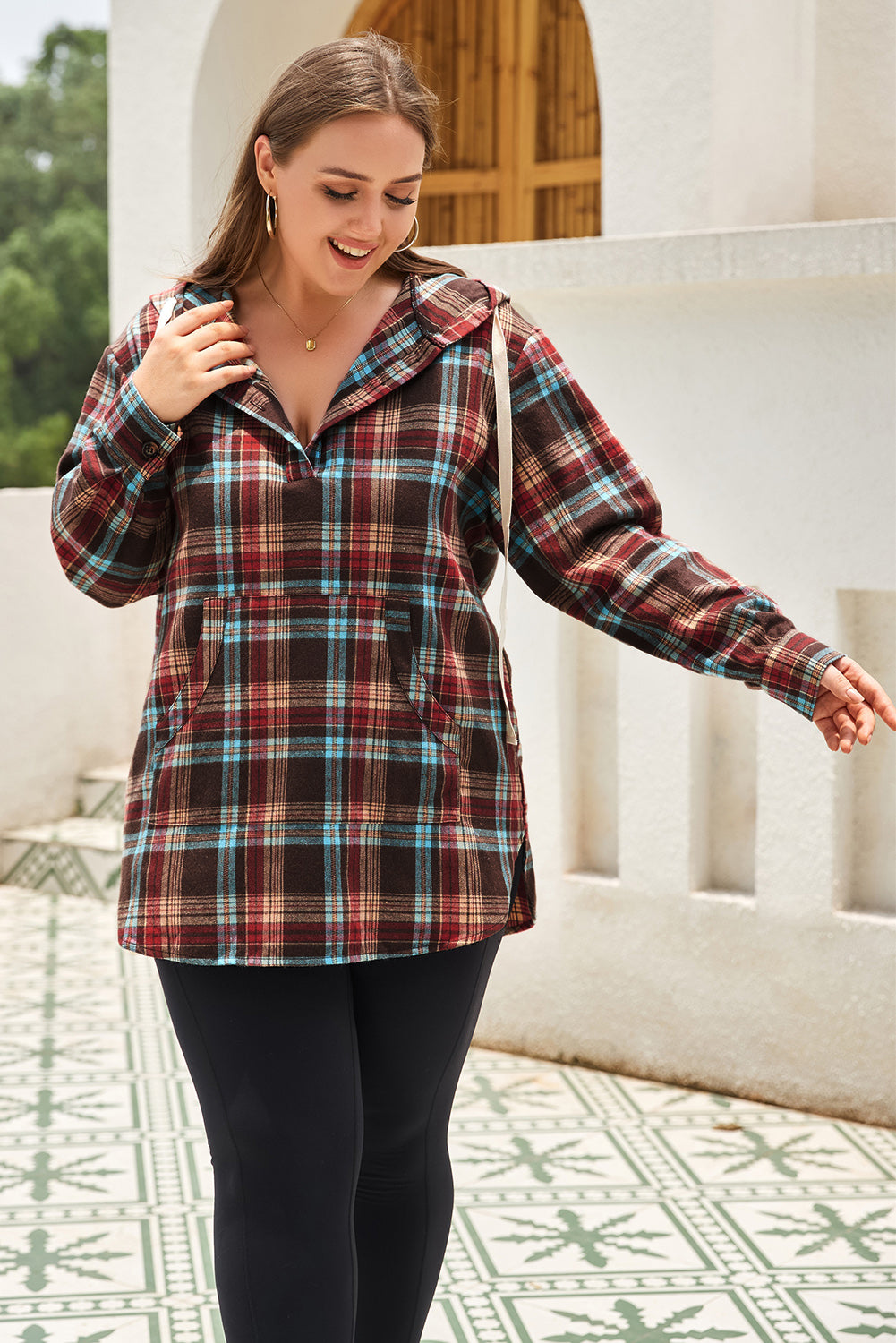 Plus Size Drawstring Plaid Quarter Button Hoodie - The Boutie Shop