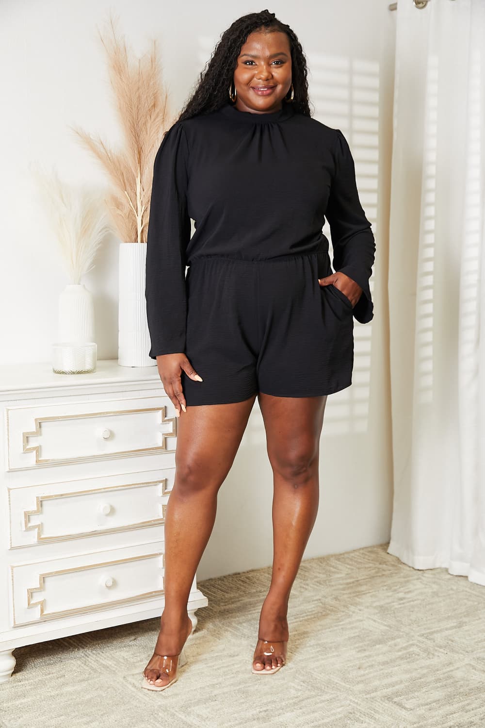 Culture Code Full Size Open Back Romper with Pockets - The Boutie Shop