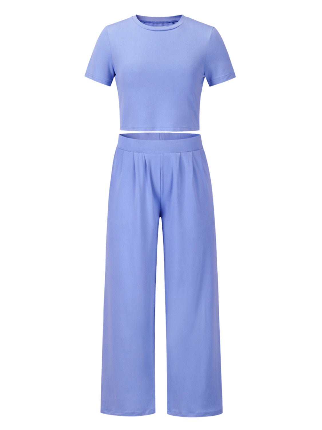 Round Neck Short Sleeve Top and Pocketed Pants Set - The Boutie Shop