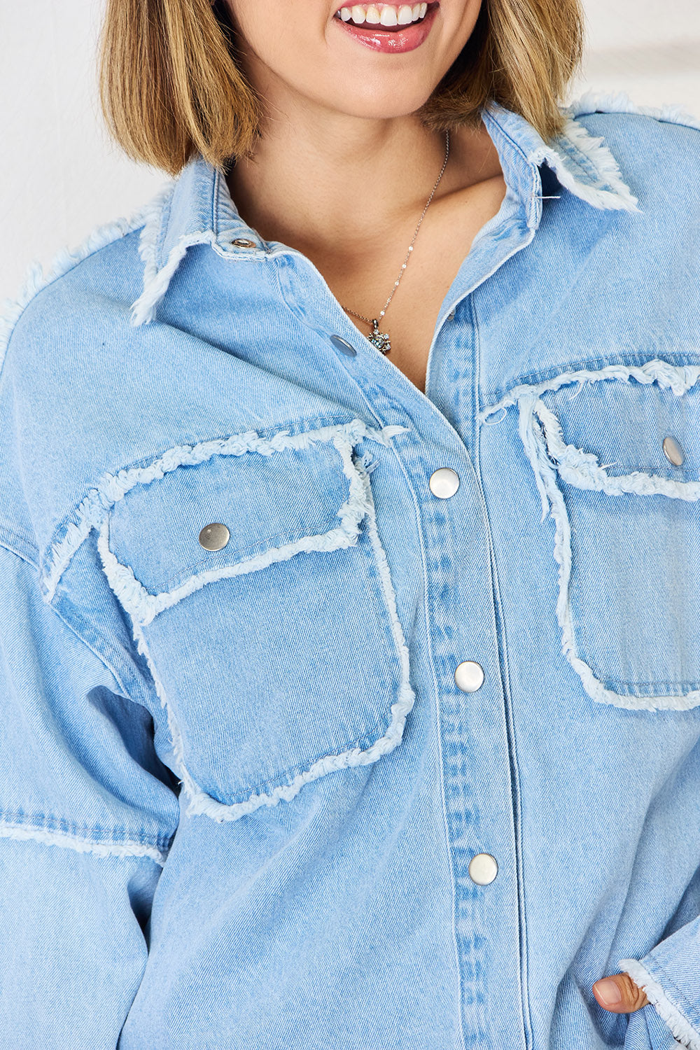 PEACE Raw Hem Dropped Shoulder Denim Top - The Boutie Shop