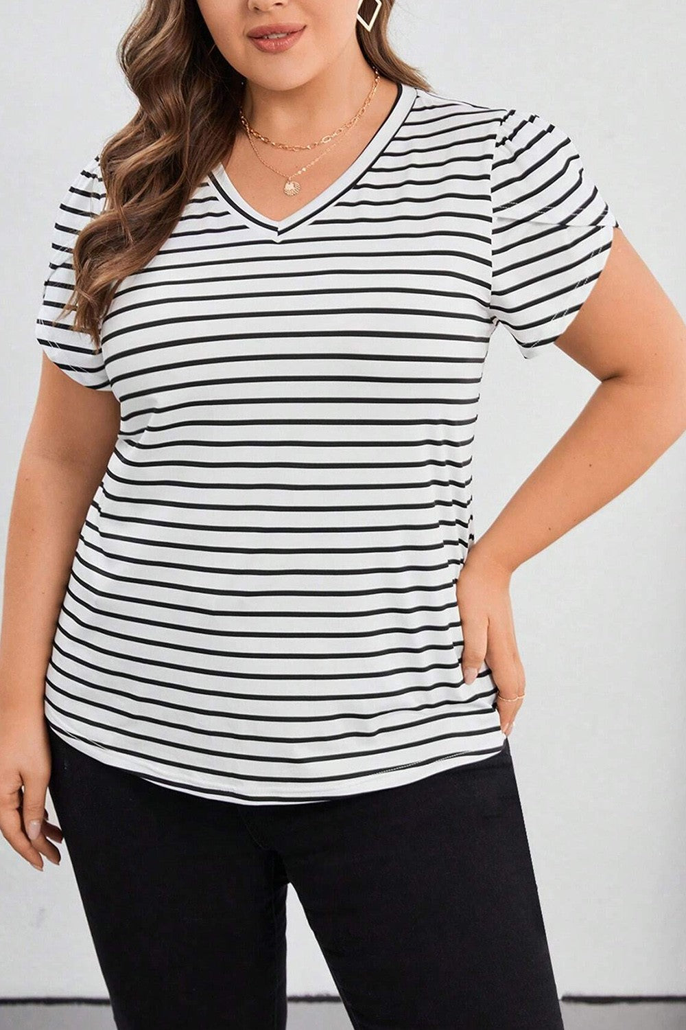 Plus Size Striped V-Neck Short Sleeve T-Shirt - The Boutie Shop