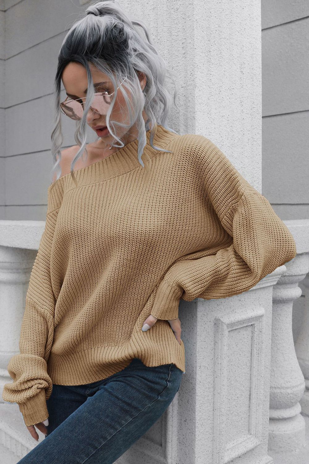 Off-Shoulder Ribbed Long Sleeve Pullover Sweater - The Boutie Shop