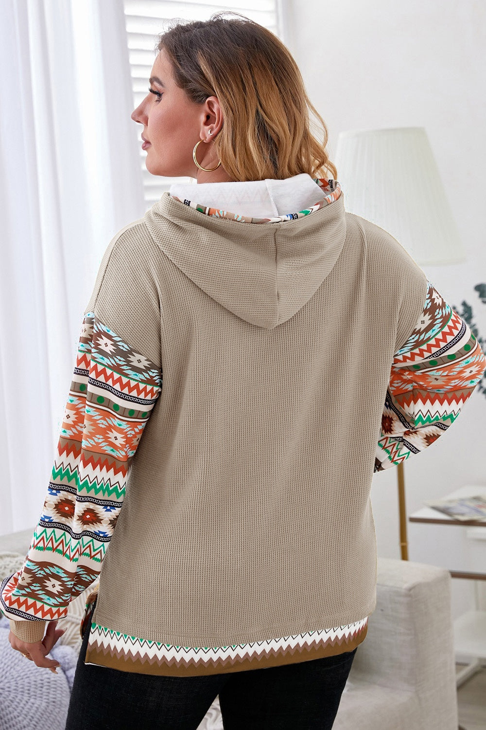 Plus Size Waffle-Knit Geometric Dropped Shoulder Hoodie - The Boutie Shop