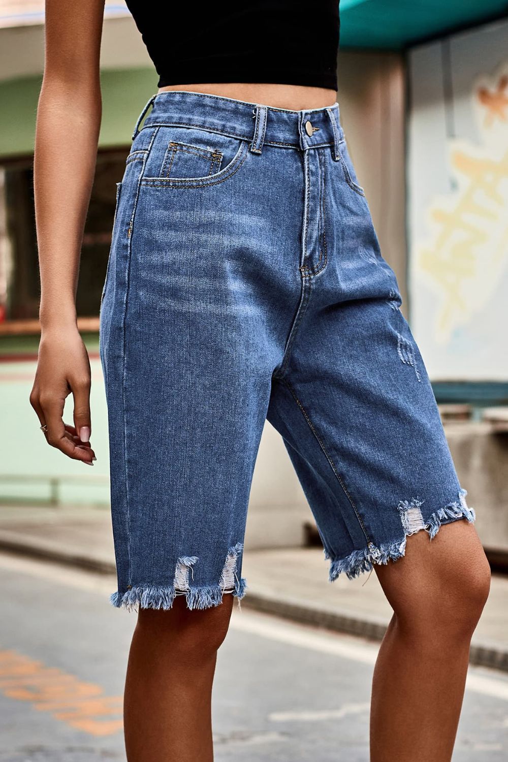 Raw Hem High Waist Denim Shorts with Pockets - The Boutie Shop