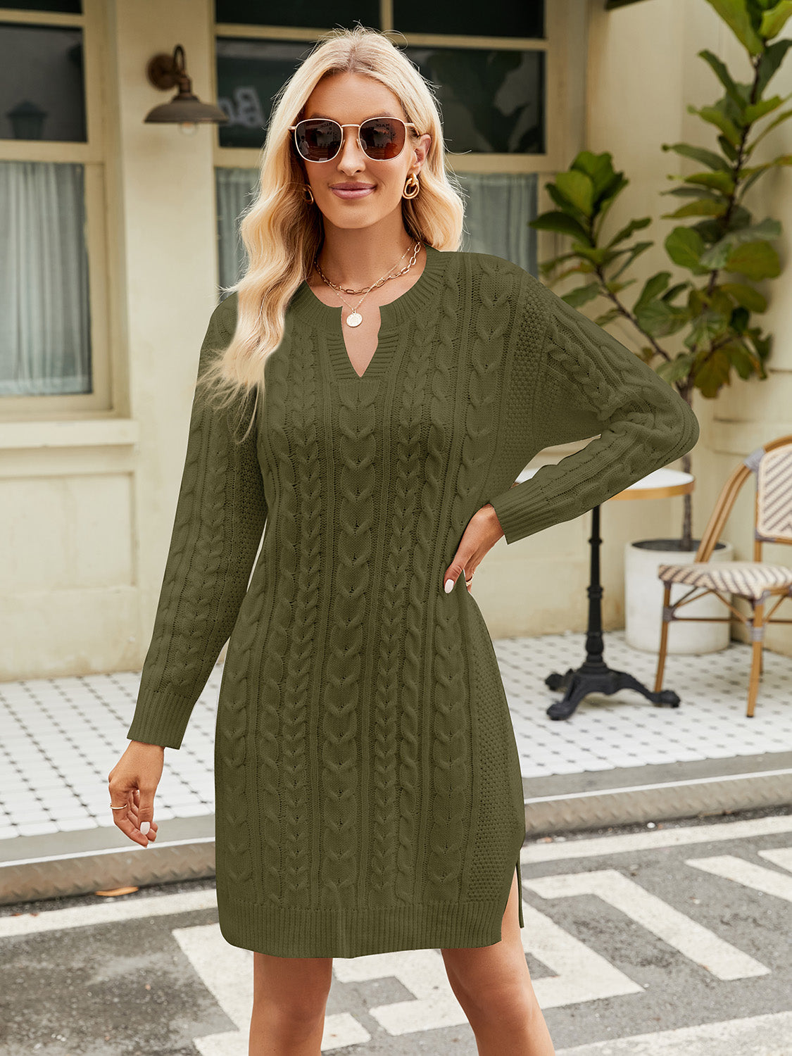 Notched Neck Cable-Knit Slit Sweater Dress - The Boutie Shop