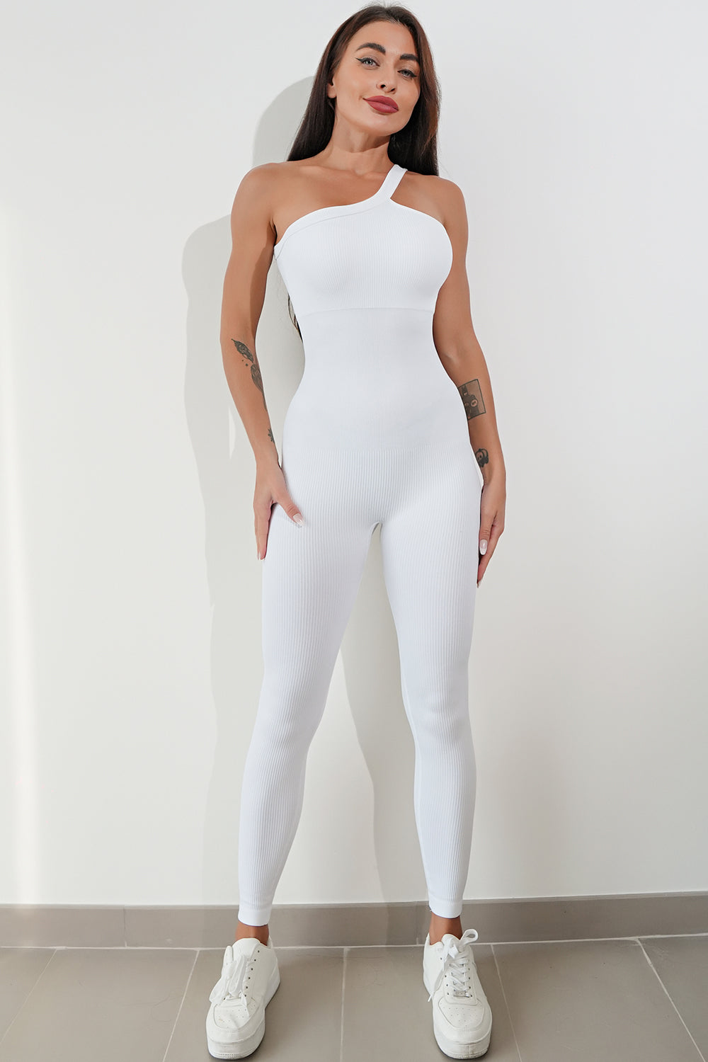 Asymmetrical Neck Wide Strap Active Jumpsuit - The Boutie Shop