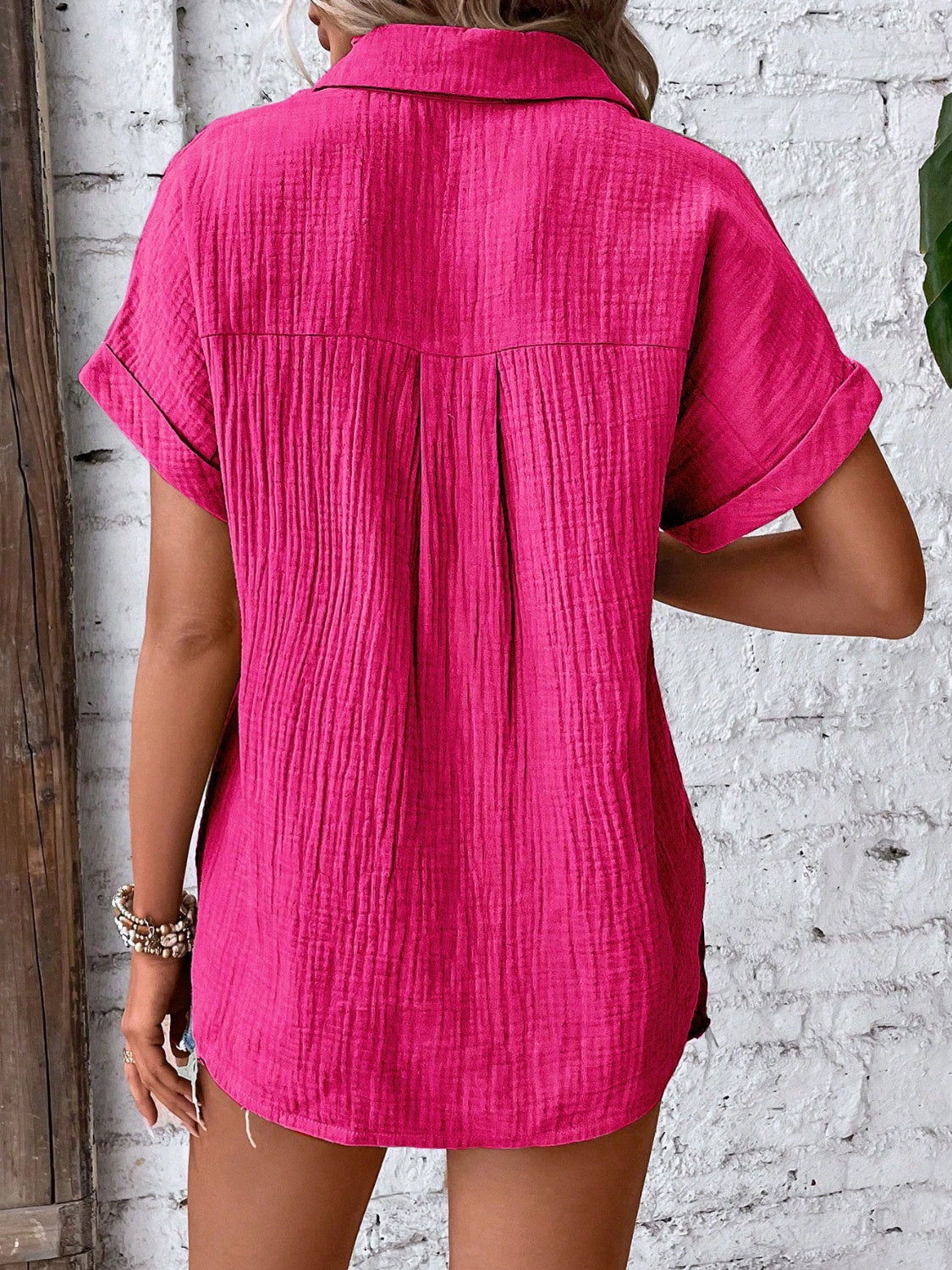 Lovelet Textured Button Up Short Sleeve Shirt - The Boutie Shop