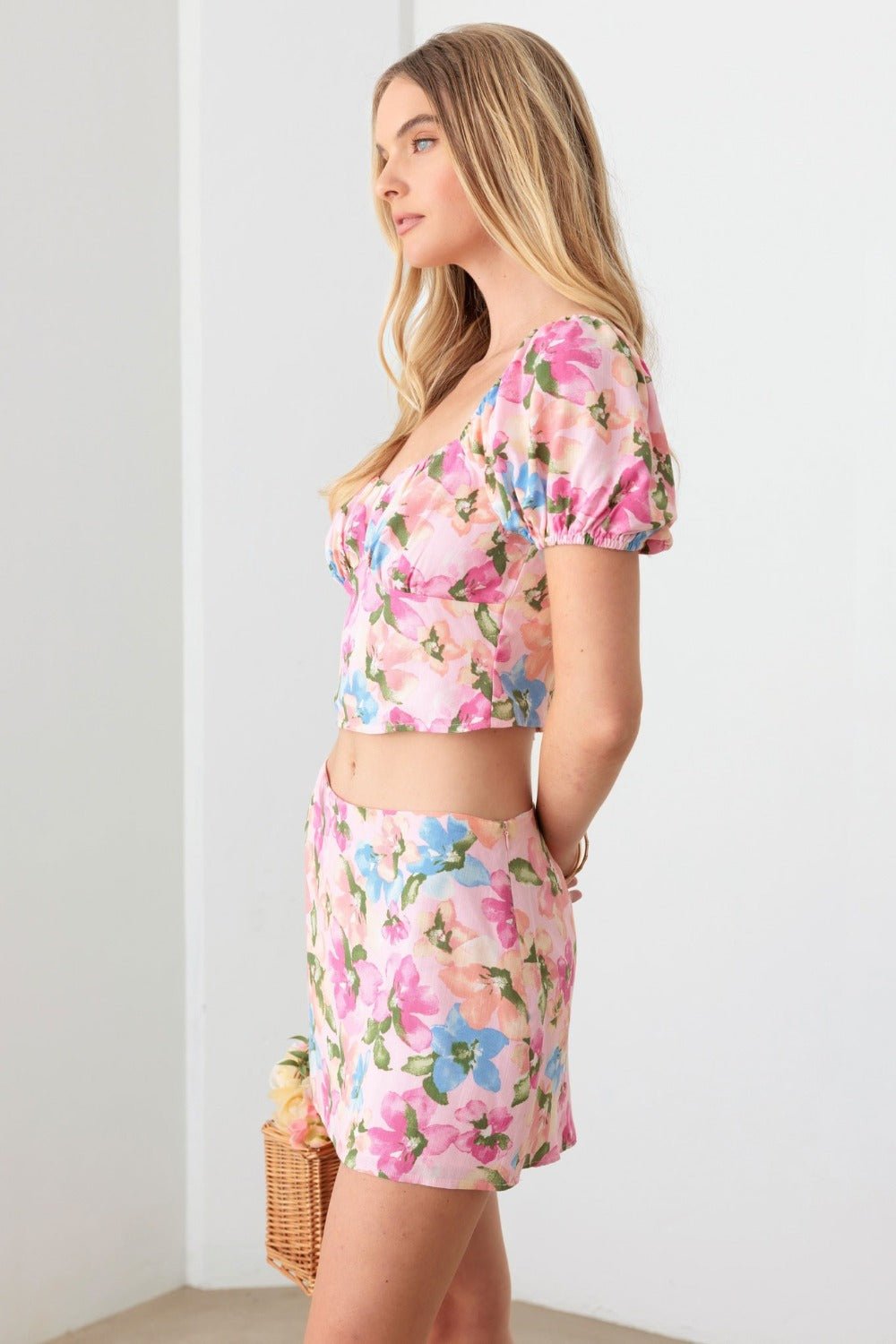 Le Lis Floral Puff Sleeve Crop Top and Mini Skirt Set - The Boutie Shop