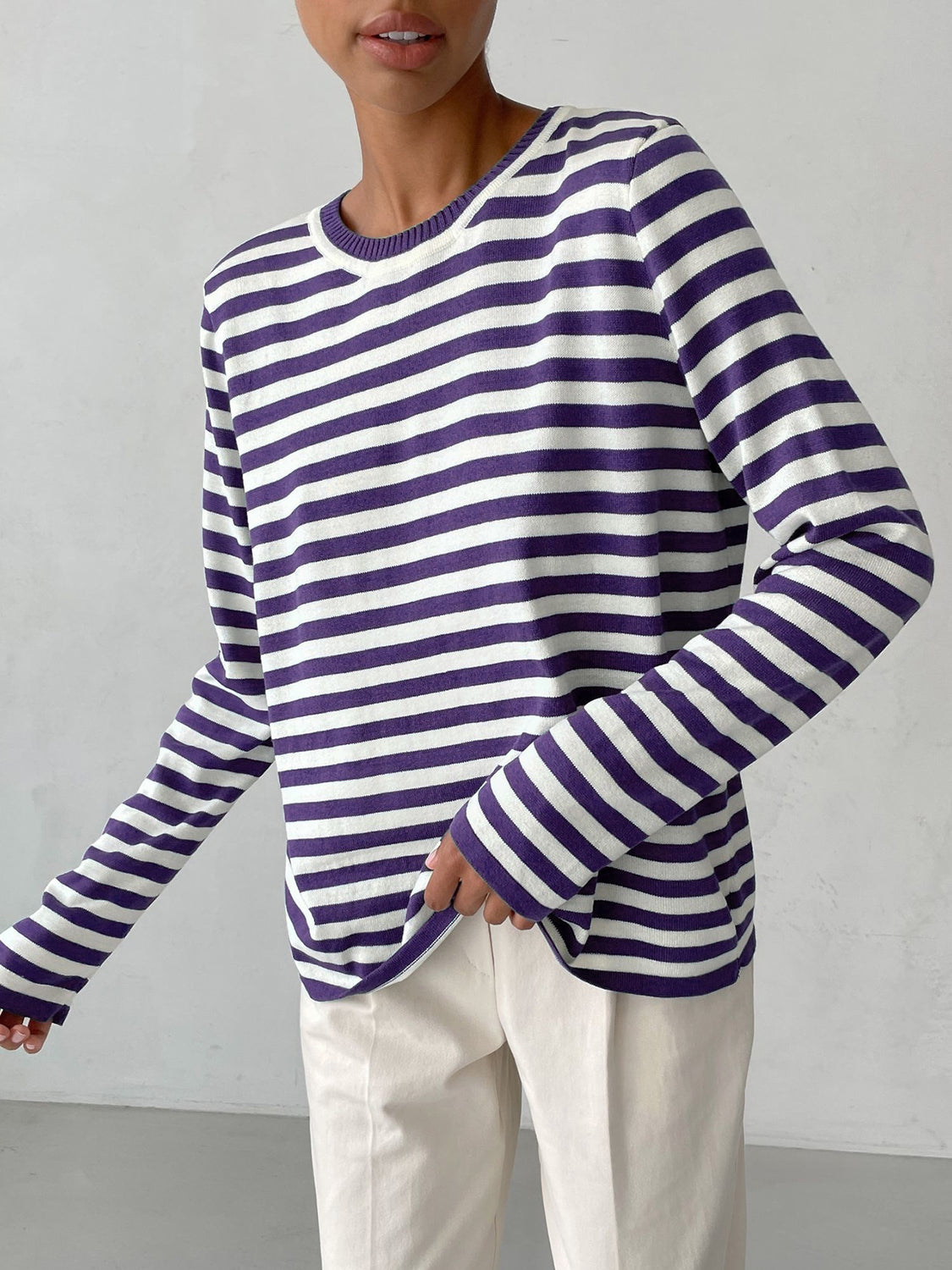 Striped Round Neck Long Sleeve Sweater - The Boutie Shop