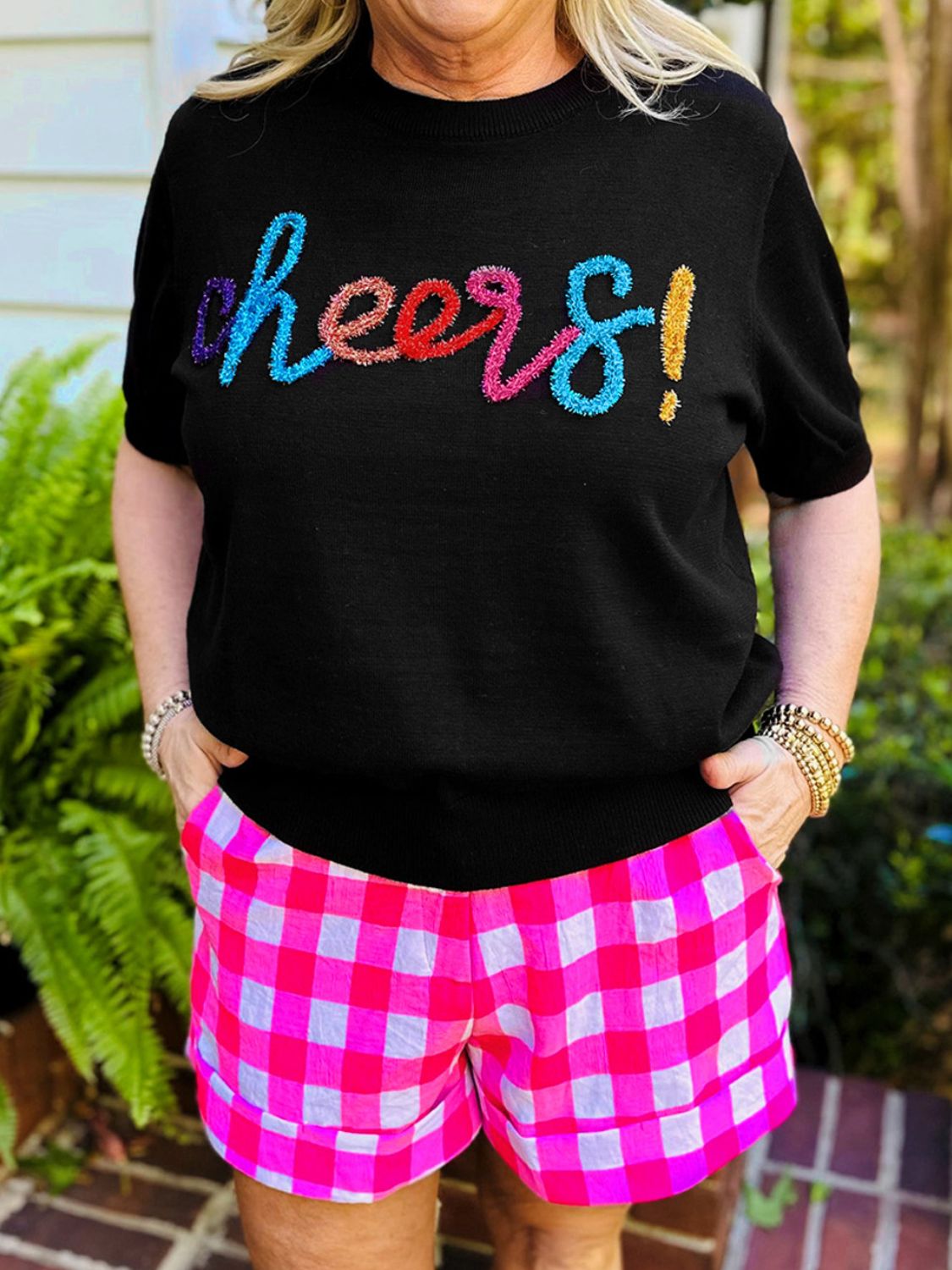 Plus Size CHEERS Round Neck Short Sleeve Sweater - The Boutie Shop