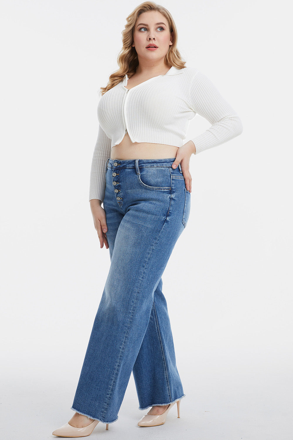 BAYEAS Full Size High Waist Button-Fly Raw Hem Wide Leg Jeans - The Boutie Shop