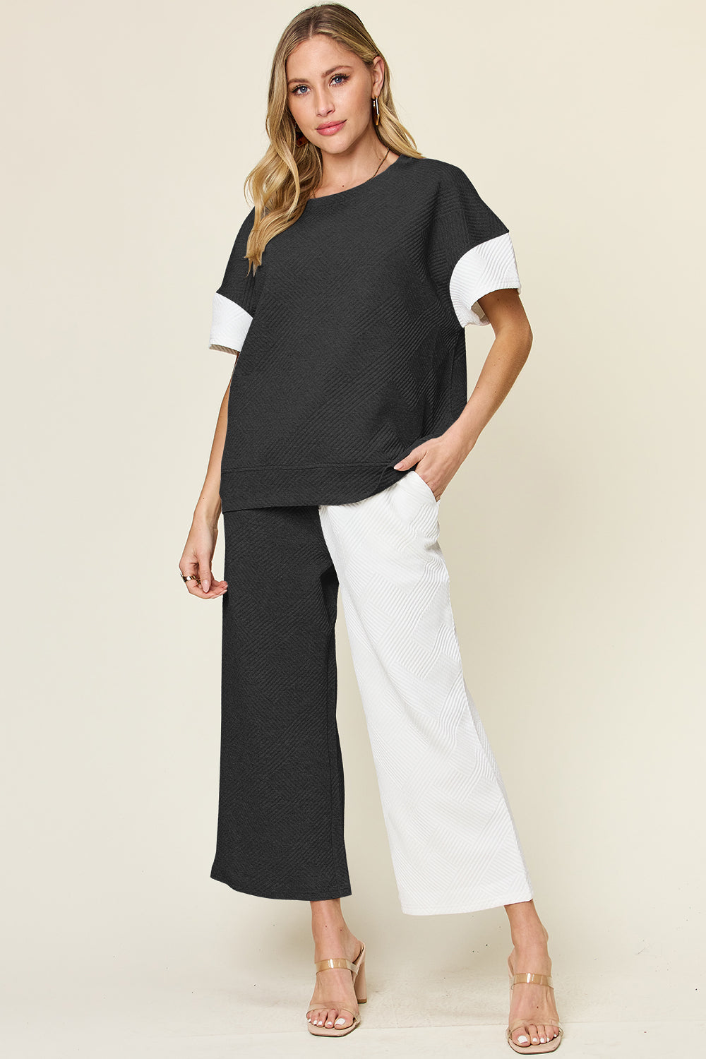 Double Take Full Size Texture Contrast T-Shirt and Wide Leg Pants Set - The Boutie Shop