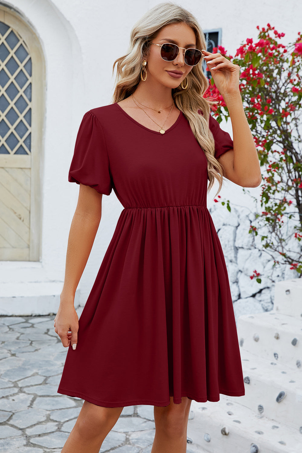 V-Neck Balloon Short Sleeve Dress - The Boutie Shop