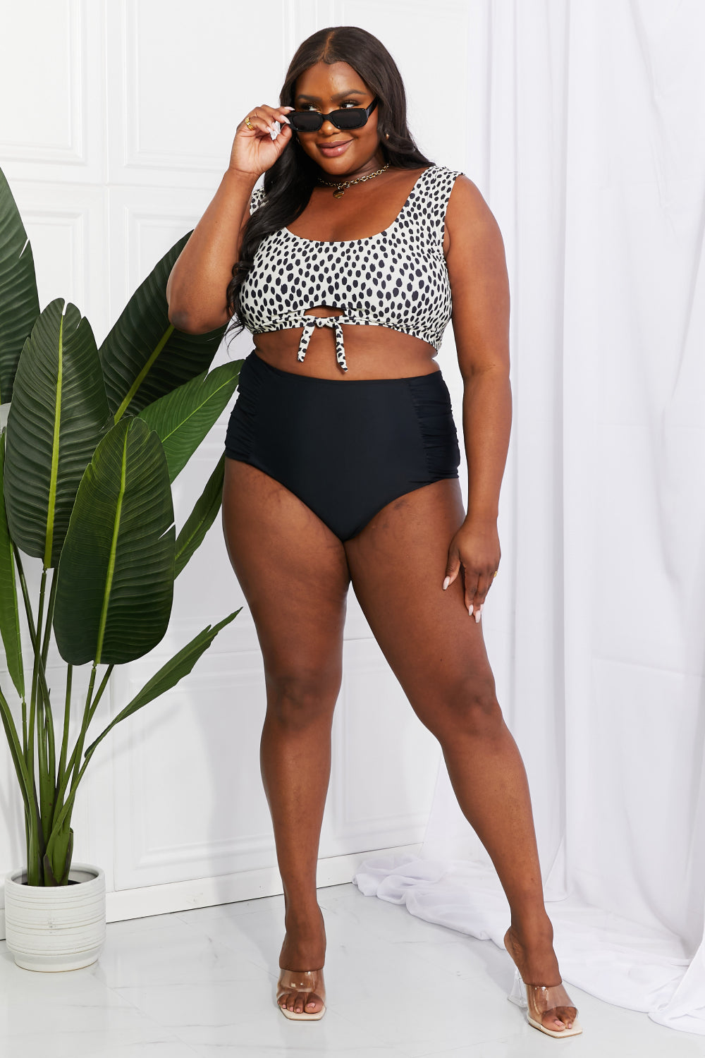 Marina West Swim Sanibel Crop Swim Top and Ruched Bottoms Set in Black - The Boutie Shop