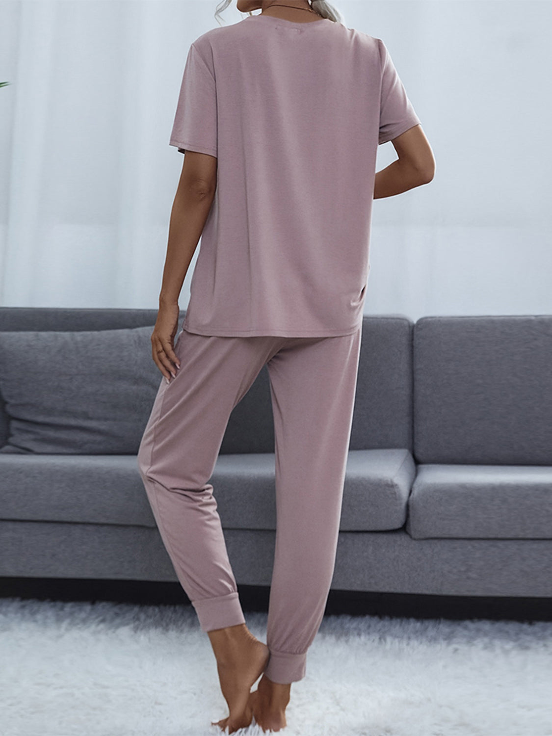 Shiny Round Neck Short Sleeve Top and Pants Set - The Boutie Shop