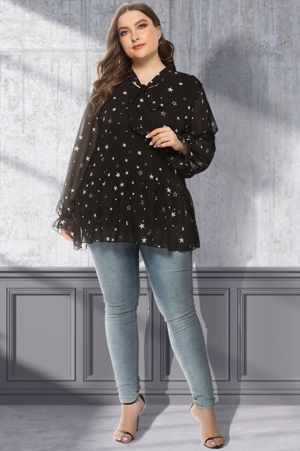 Plus Size Star Print Tie-Neck Peplum Blouse - The Boutie Shop