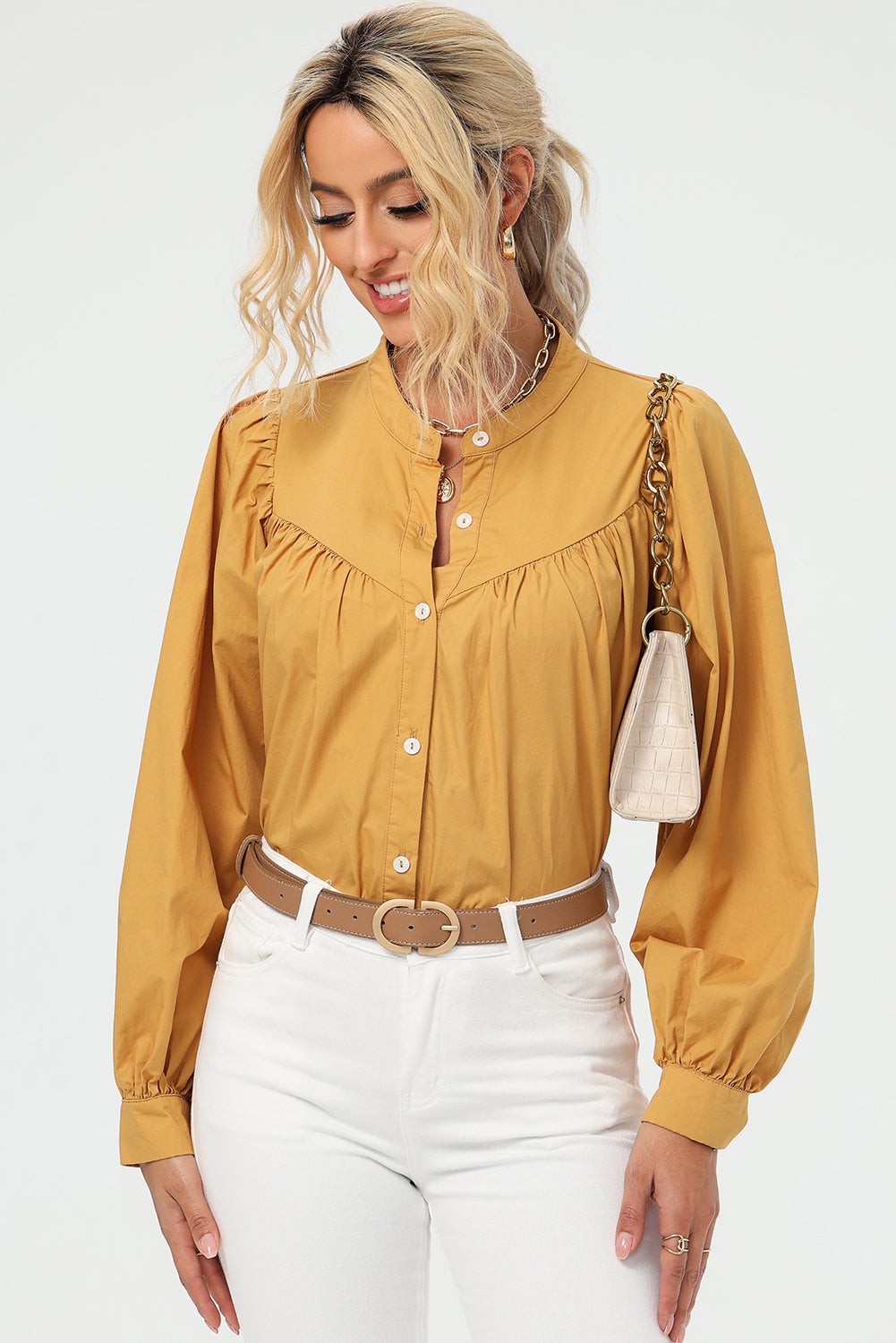 Ruched Button Up Long Sleeve Shirt - The Boutie Shop