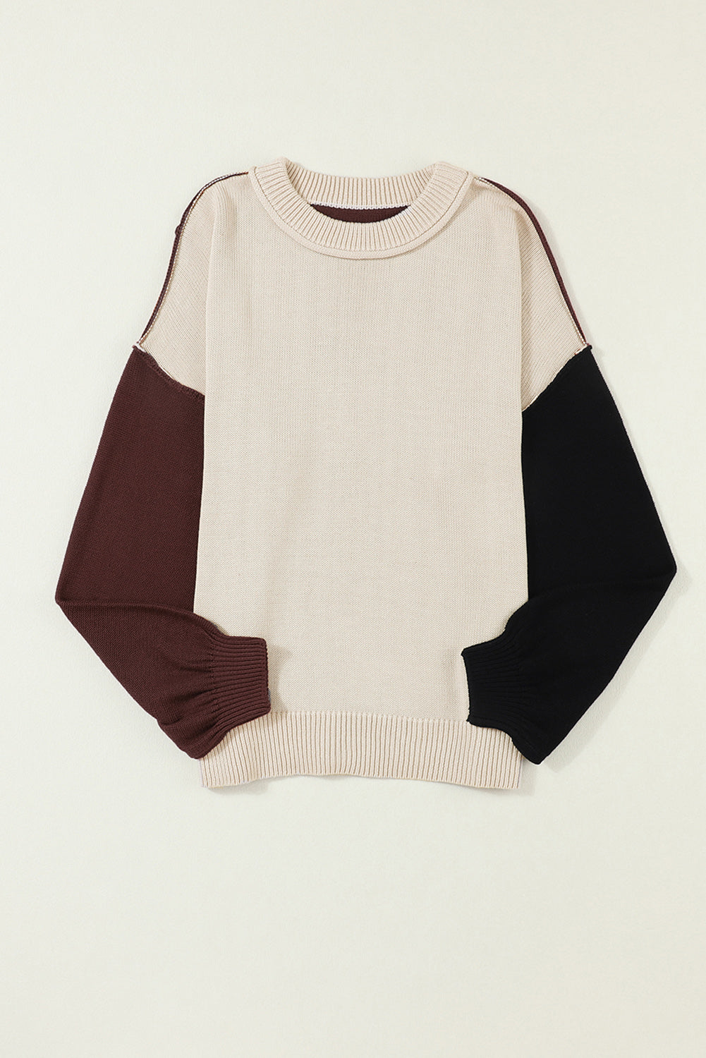 Contrast Round Neck Dropped Shoulder Sweater - The Boutie Shop