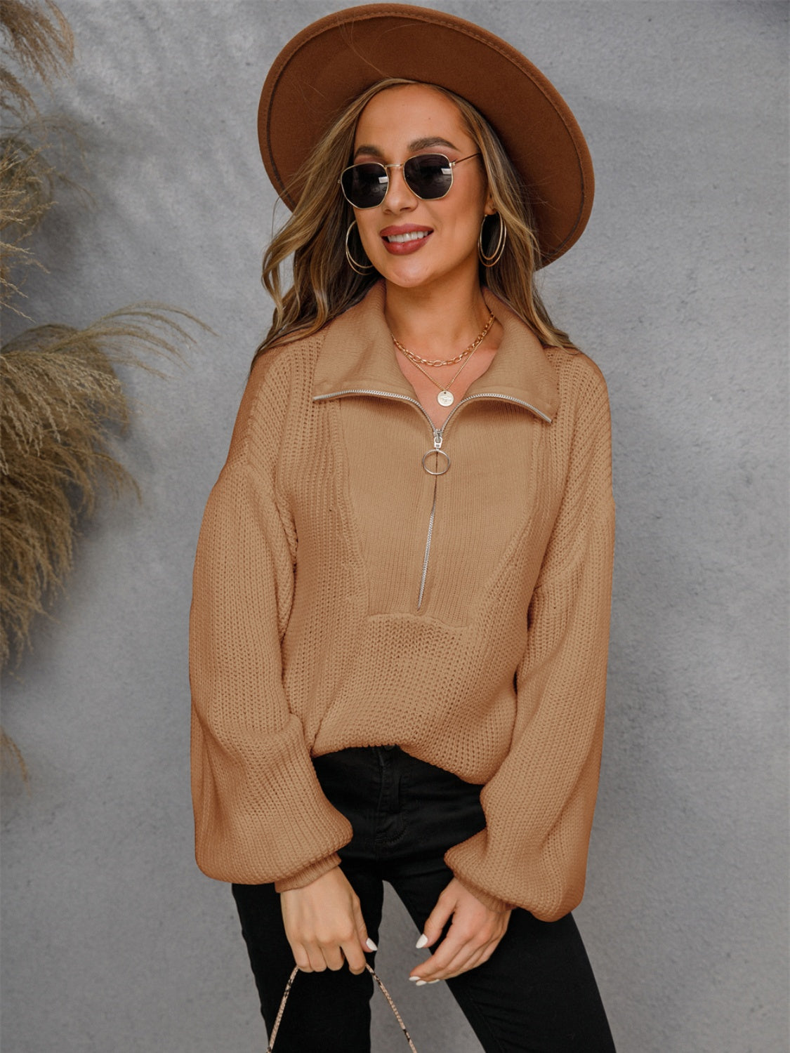 Angel Wings Half Zip Dropped Shoulder Sweater - The Boutie Shop