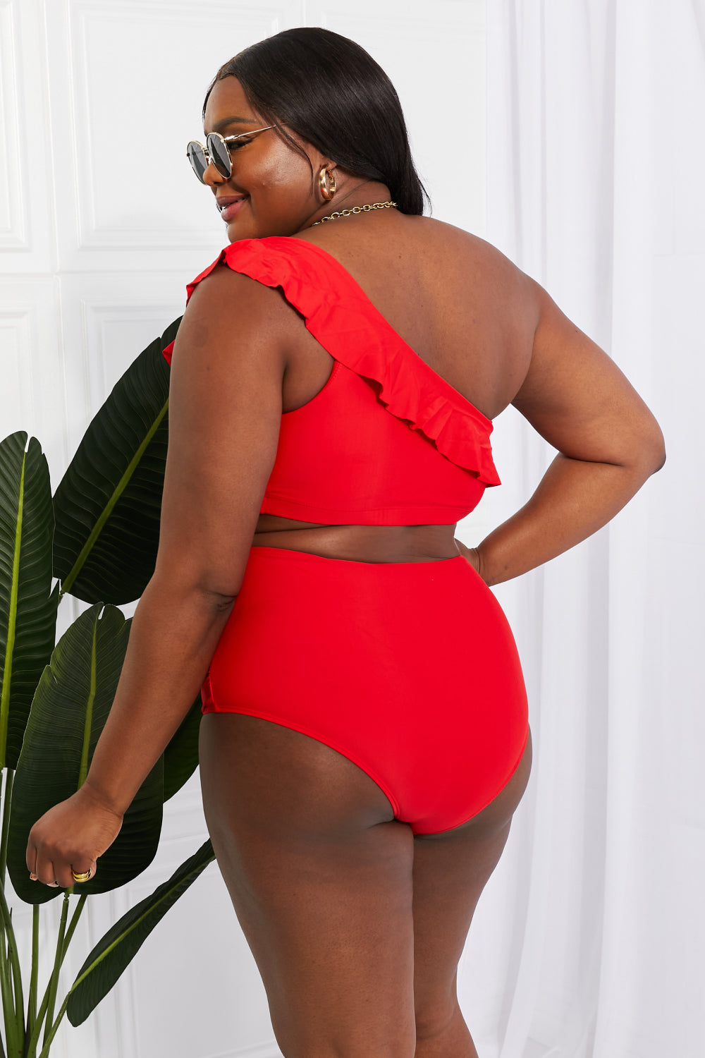 Marina West Swim Seaside Romance Ruffle One-Shoulder Bikini in Red - The Boutie Shop