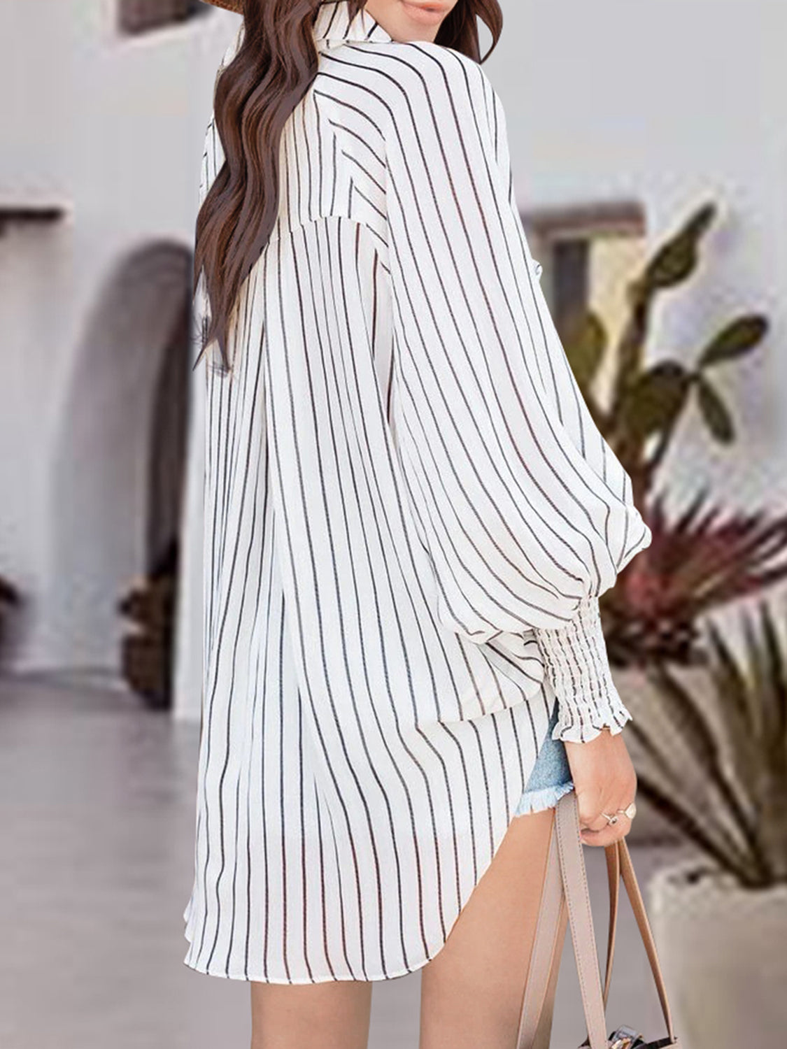 MeiMei Striped Button Up Lantern Sleeve Shirt - The Boutie Shop