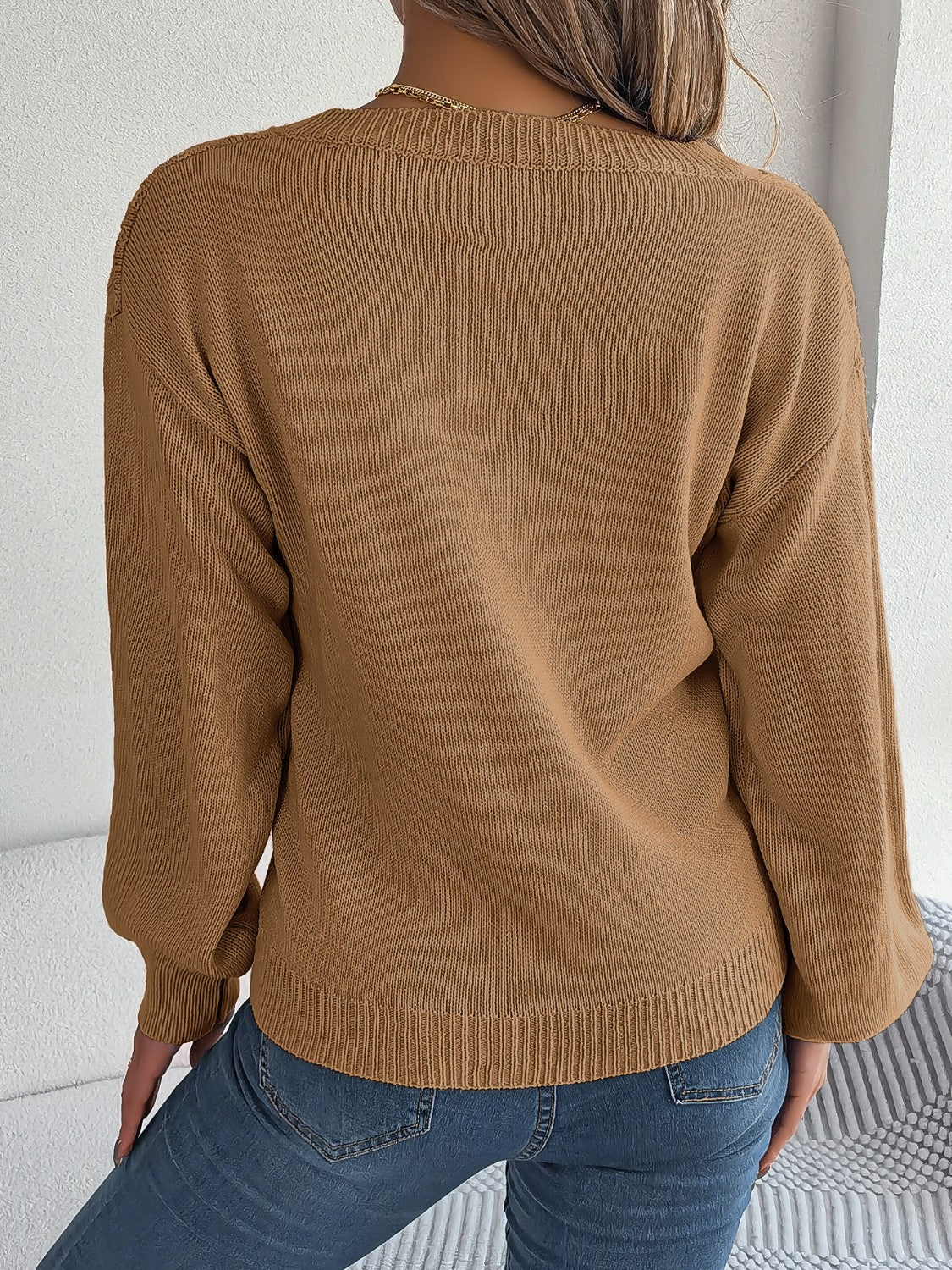 Cable-Knit V-Neck Lantern Sleeve Sweater - The Boutie Shop