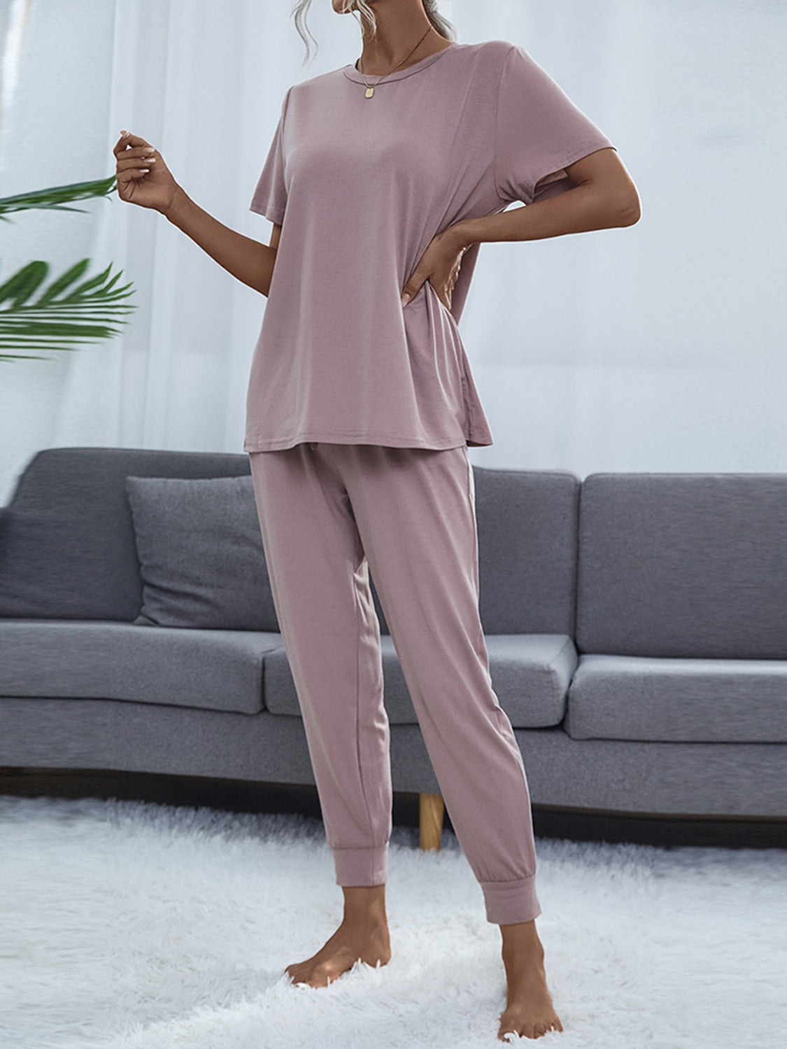 Shiny Round Neck Short Sleeve Top and Pants Set - The Boutie Shop