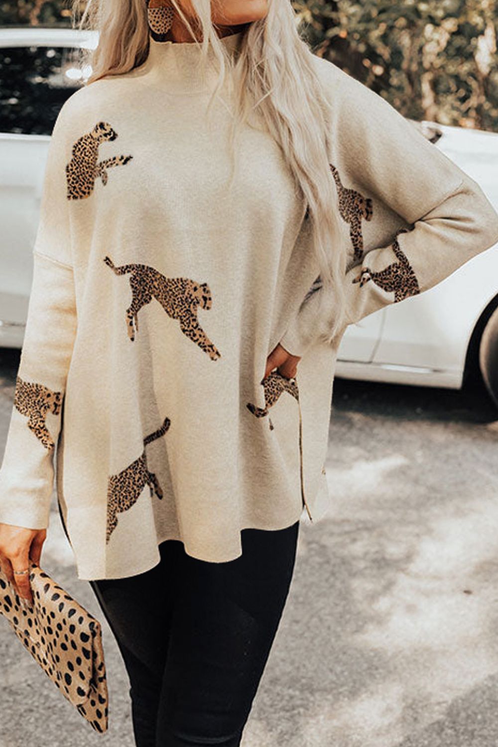 Animal Pattern Mock Neck Long Sleeve Slit Sweater - The Boutie Shop