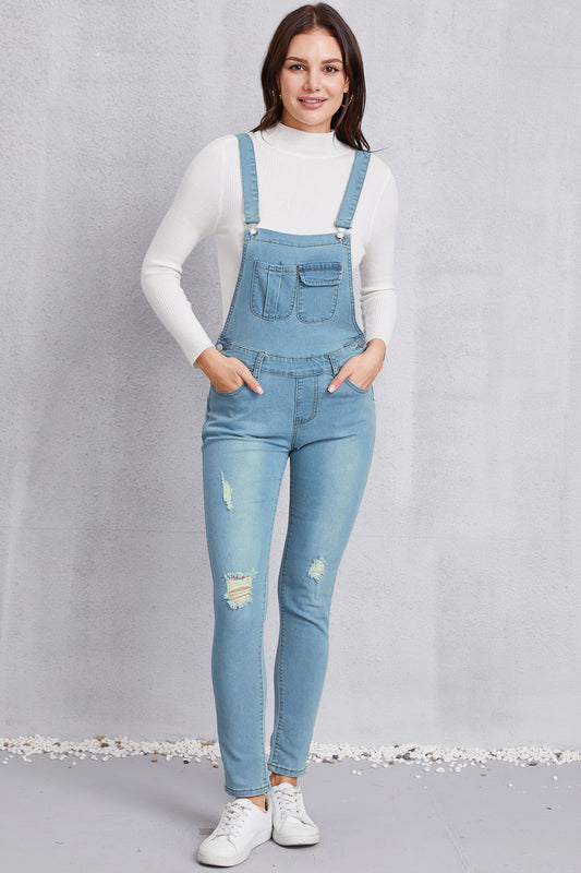 Distressed Washed Denim Overalls with Pockets - The Boutie Shop