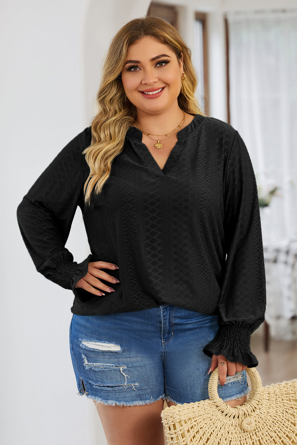 Plus Size Eyelet Notched Flounce Sleeve Blouse - The Boutie Shop