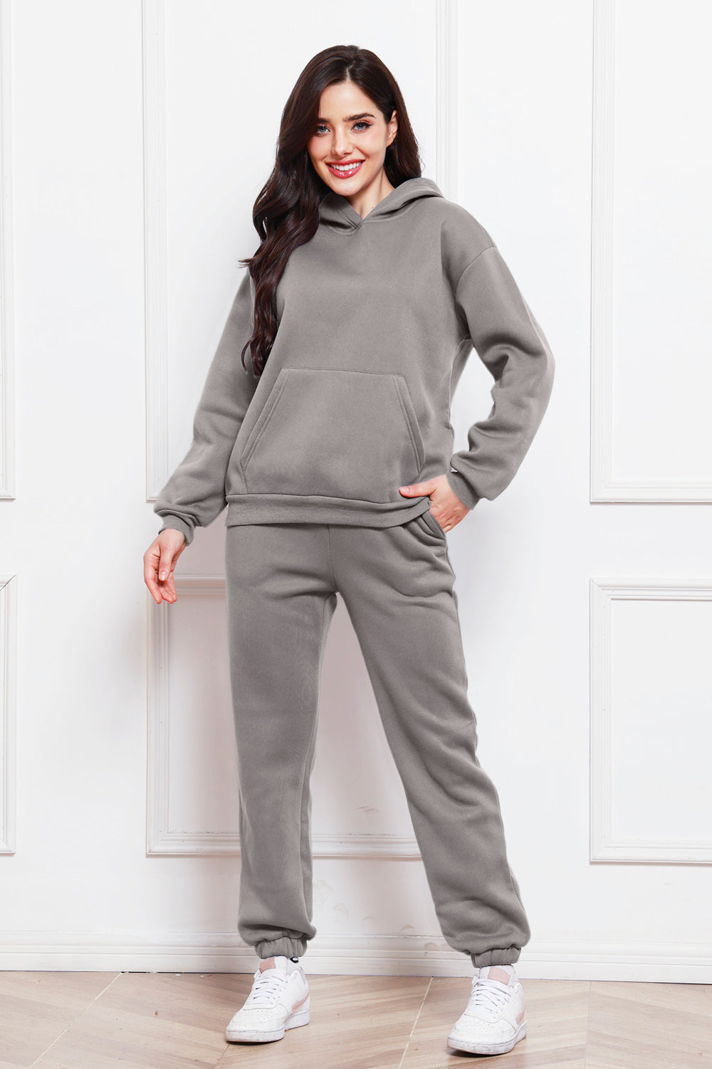 Drop Shoulder Long Sleeve Hoodie and Pants Set - The Boutie Shop