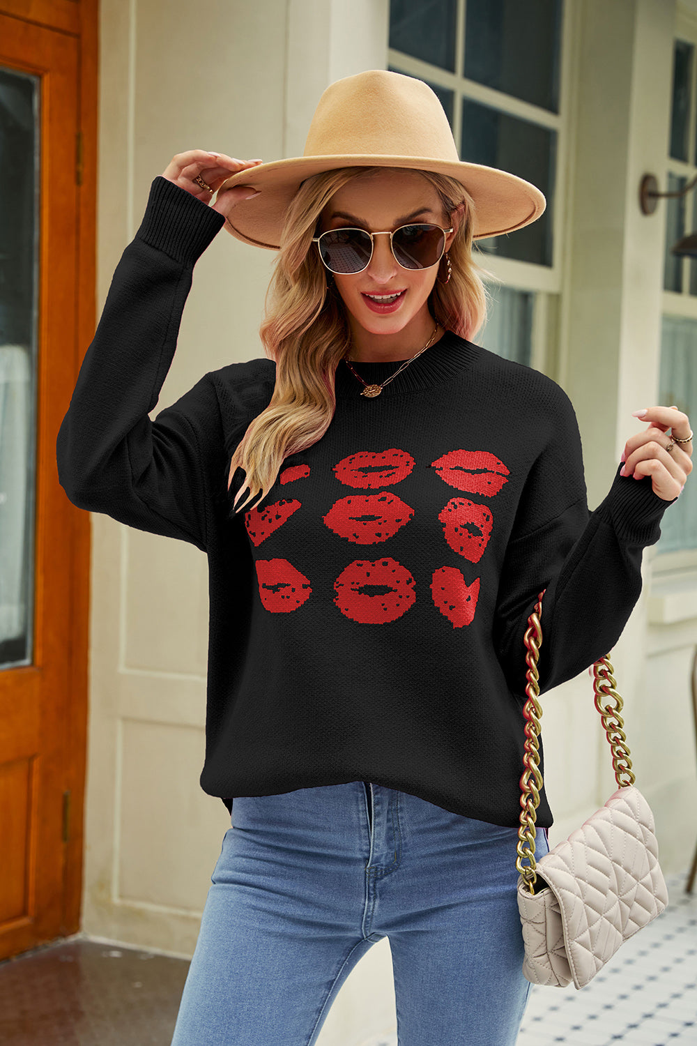 Contrast Lip Pattern Round Neck Slit Sweater - The Boutie Shop