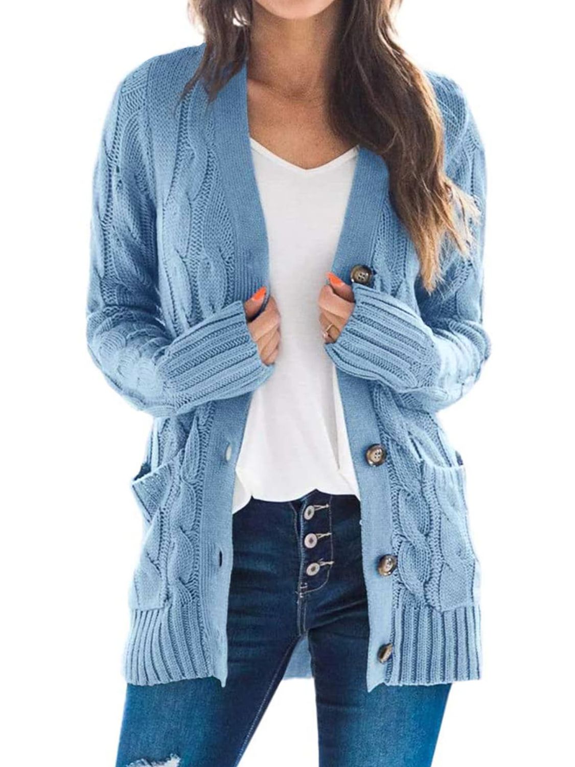 Cable-Knit Buttoned Cardigan with Pockets - The Boutie Shop