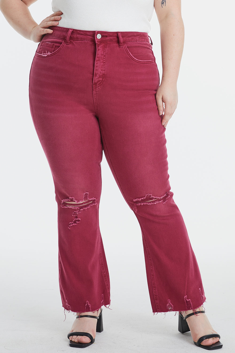 BAYEAS Full Size High Waist Distressed Raw Hem Flare Jeans - The Boutie Shop