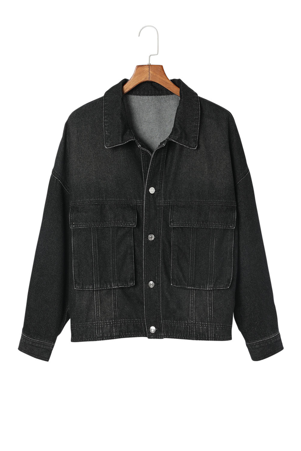 Button Up Dropped Shoulder Denim Jacket with Pockets - The Boutie Shop