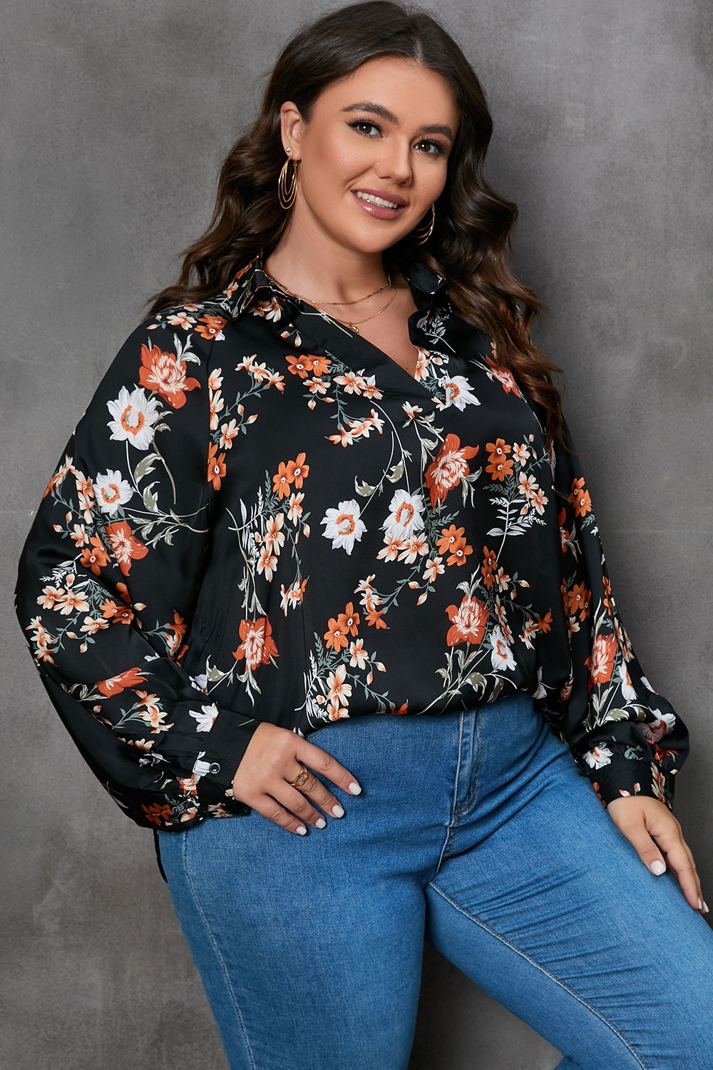 Plus Size Printed Johnny Collar Long Sleeve Blouse - The Boutie Shop