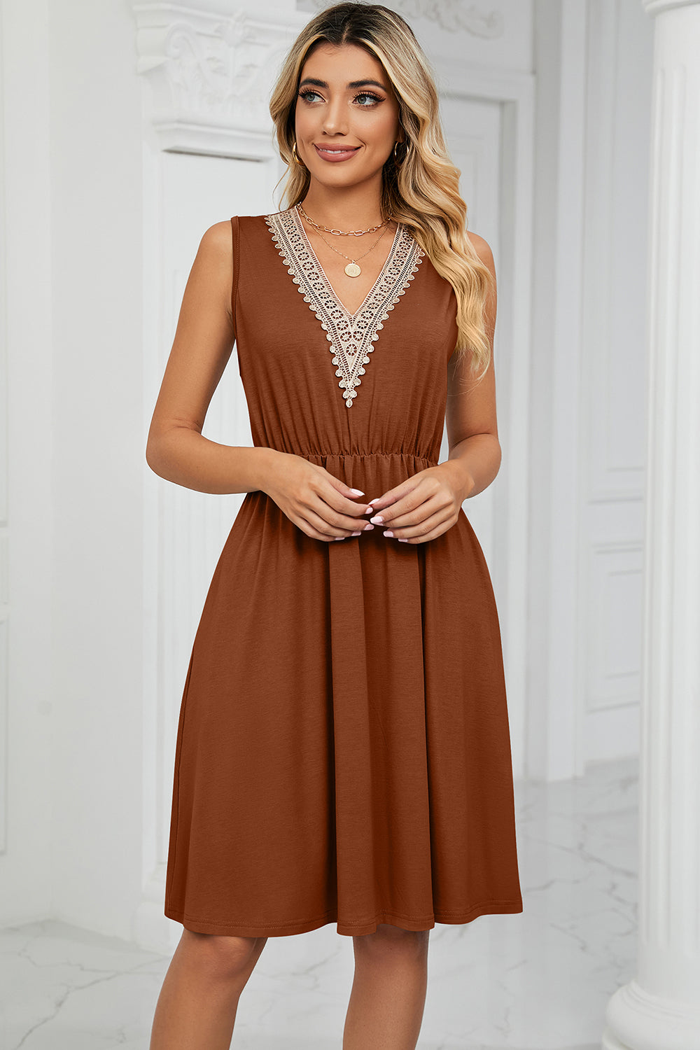 Pocketed V-Neck Wide Strap Dress - The Boutie Shop