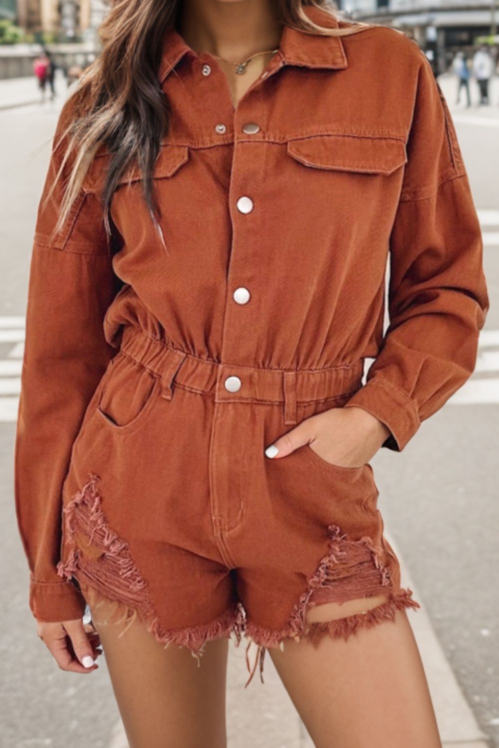 Distressed Raw Hem Snap Down Romper - The Boutie Shop