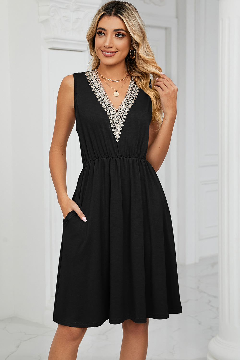 Pocketed V-Neck Wide Strap Dress - The Boutie Shop