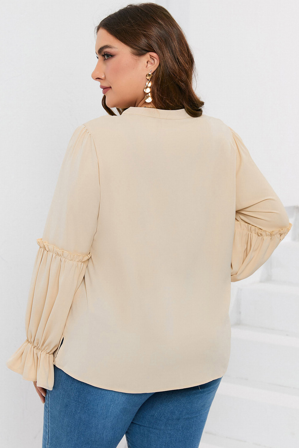 Plus Size Ruffled Tie Neck Flounce Sleeve Blouse - The Boutie Shop