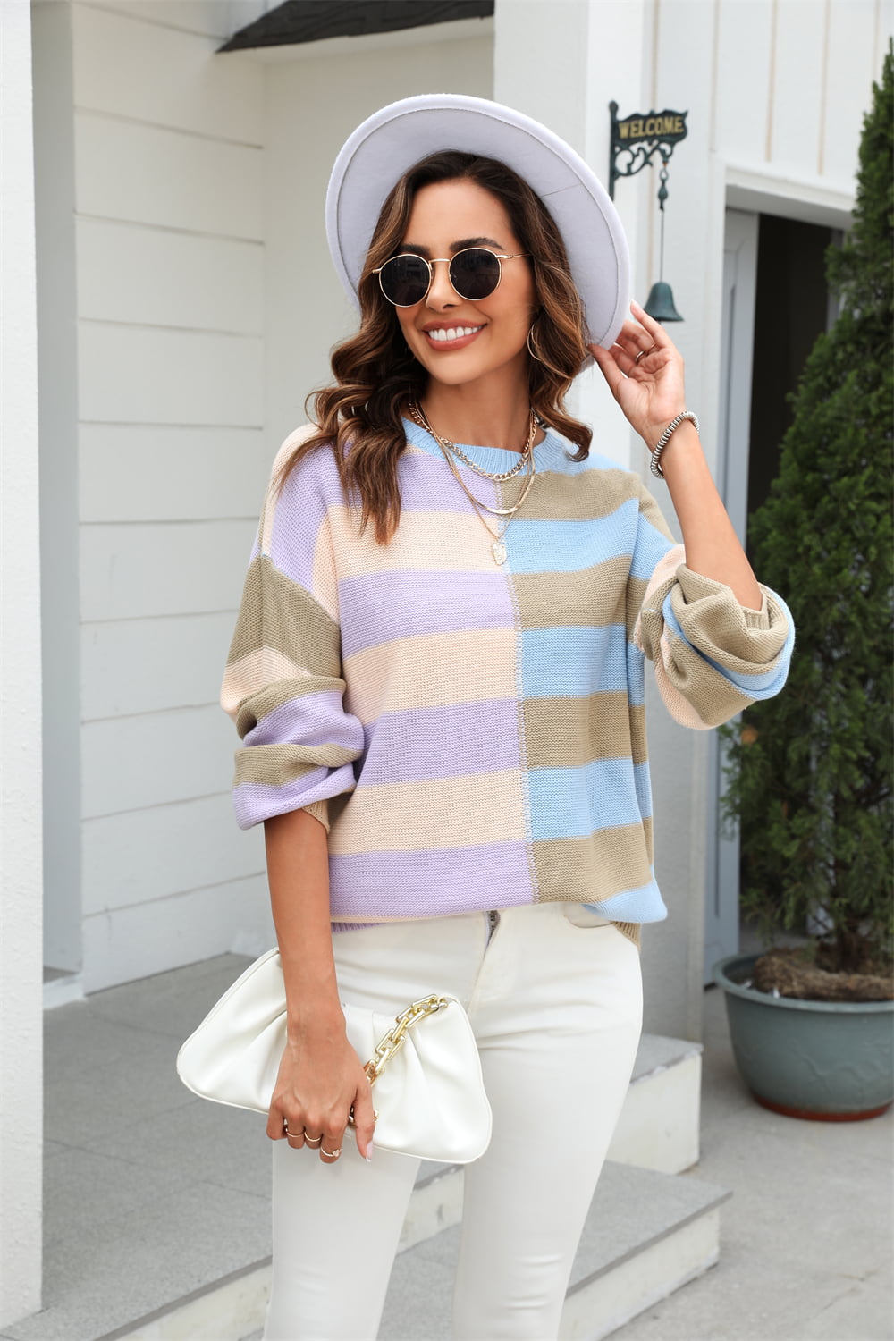 Angel Wings Round Neck Long Sleeve Color Block Dropped Shoulder Pullover Sweater - The Boutie Shop