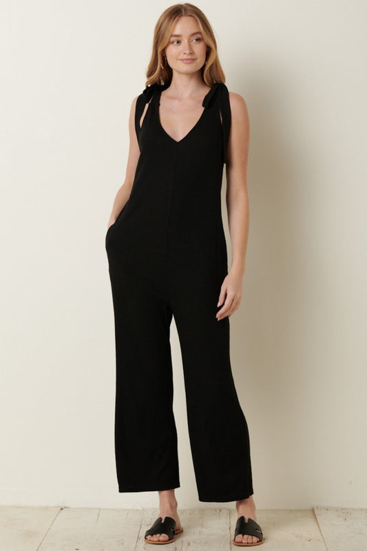 Mittoshop Rib Knit V-Neck Cross Back Jumpsuit - The Boutie Shop