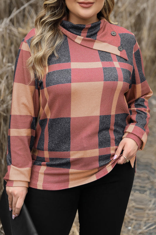 Plus Size Plaid Cowl Neck Long Sleeve Sweatshirt - The Boutie Shop