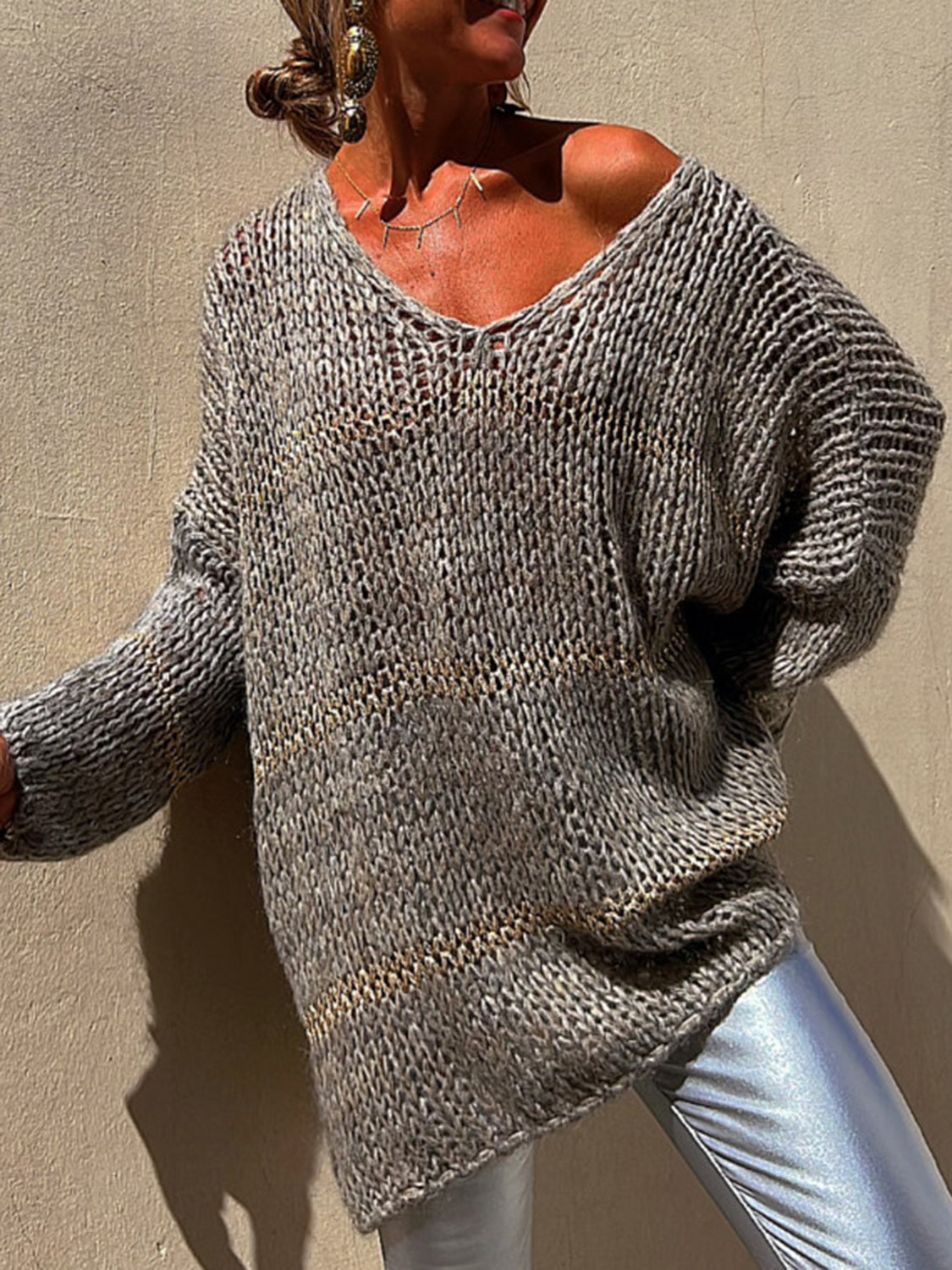 Openwork V-Neck Long Sleeve Sweater - The Boutie Shop