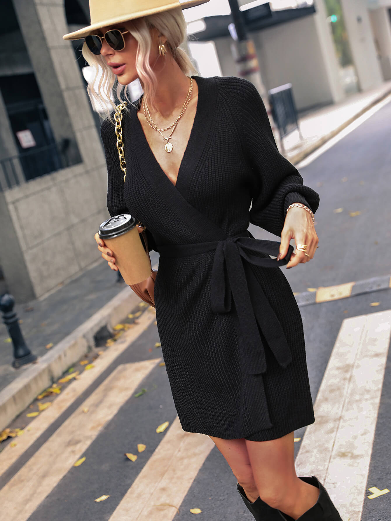 Belted Surplice Lantern Sleeve Wrap Sweater Dress - The Boutie Shop