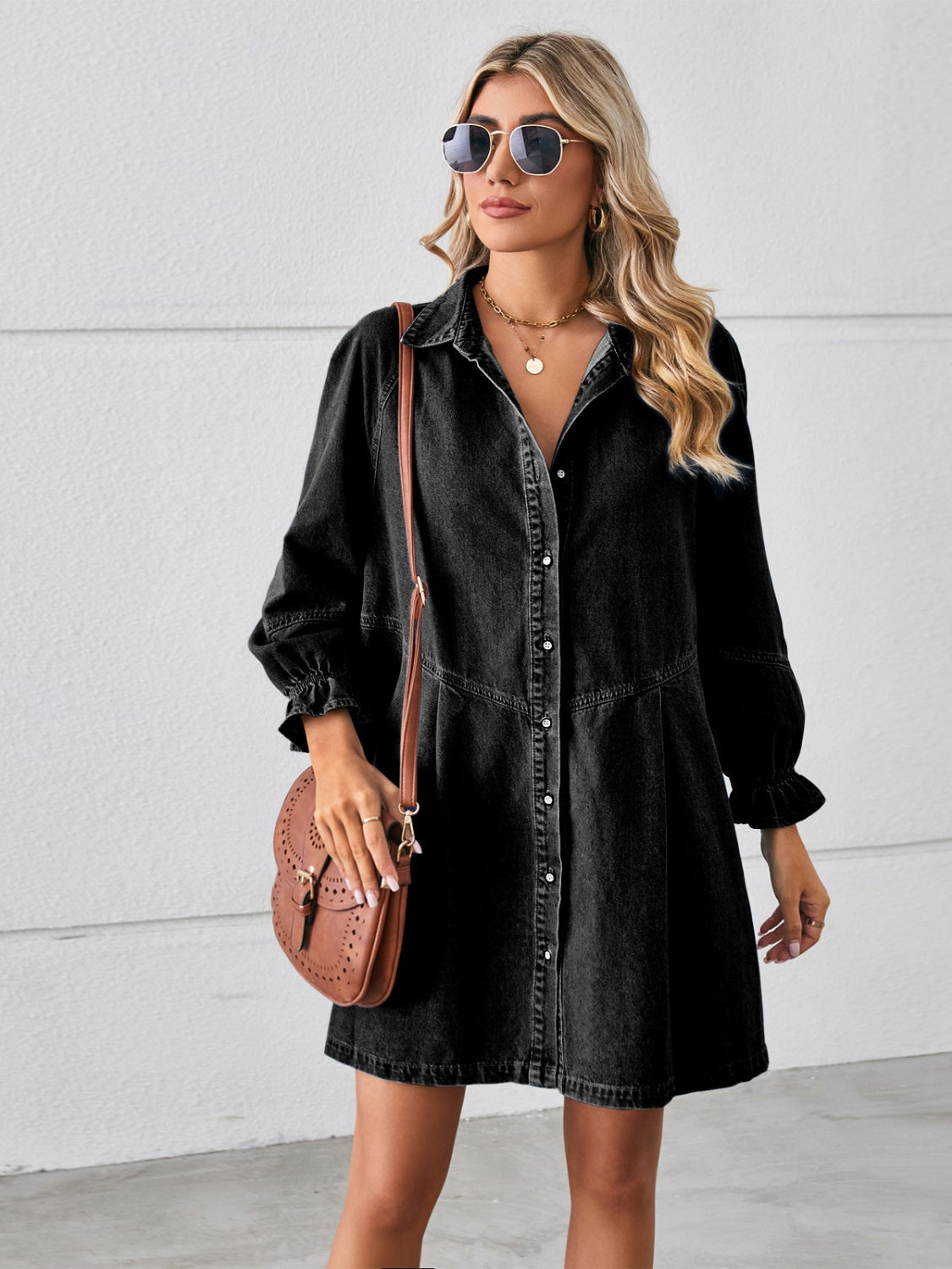 Button Up Flounce Sleeve Mini Denim Dress - The Boutie Shop